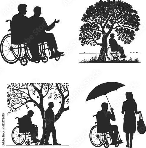 Silhouettes of people in wheelchairs in various scenarios, a man talking with his friend, a person sitting alone under a tree, a caregiver with an umbrella and a child under a tree.
