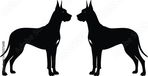 Two identical dog silhouettes facing each other, black outline illustration, large breed posture, canine symmetry, domestic animals vector artwork, isolated design