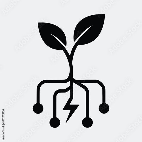 Silhouette green energy plant with electricity and digital roots vector illustration