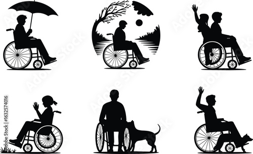 Silhouettes of people in wheelchairs in various scenarios, a man with an umbrella, a woman with a man waving, a person with a dog, accessible disability concept isolated on a white background.