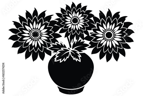 Black silhouette shows three dahlia flowers in a vase against a white background