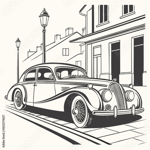 Classic Vintage Car Vector – Retro Style Street Scene