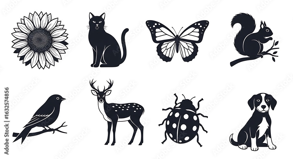Naklejka premium Black and white silhouettes of various animals and plants.