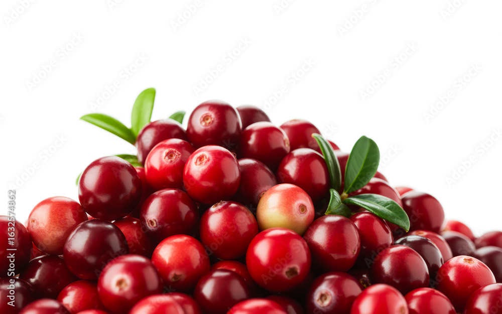 Obraz premium Fresh red cranberries with green leaves on white background