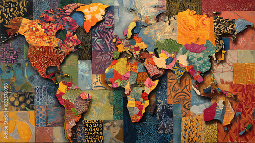Colorful world map collage with diverse patterns and textures abstract
