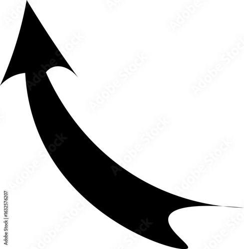 Black curved arrow pointing upwards and to the left on white background direction