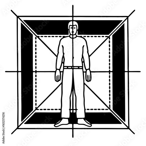 A human body proportion diagram isolated on white background, showcasing symmetry