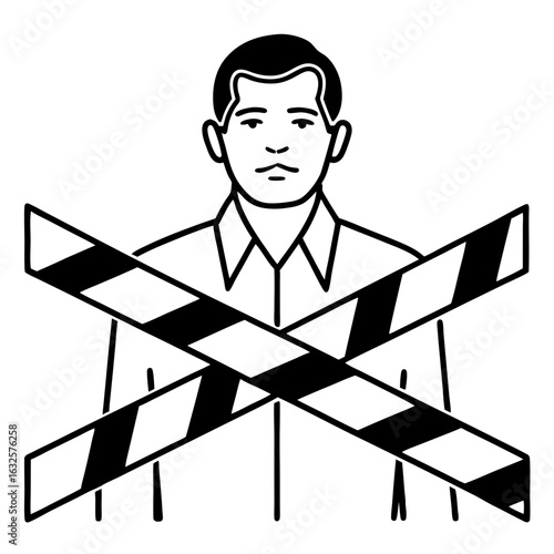 A man is depicted with crossed caution tape isolated on white background
