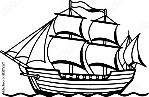 Sailing ship boat vessel sea ocean voyage vector line art illustration
