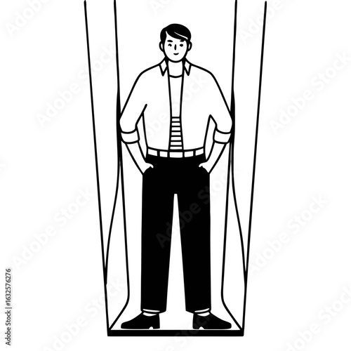 A man standing inside a box isolated on white background in a minimalist style