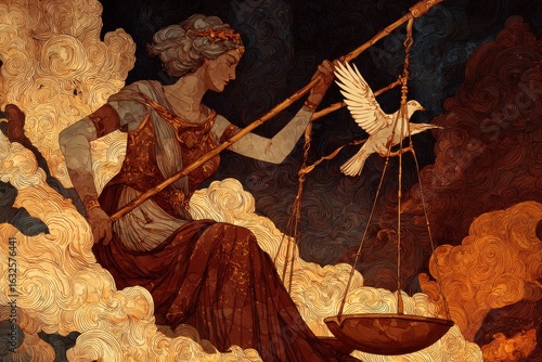A mythological-style illustration where the Greek goddess Themis holds a broken scale--one side is sinking into hellfire with war and greed, while the other side ascends to heaven with a lone dove. 