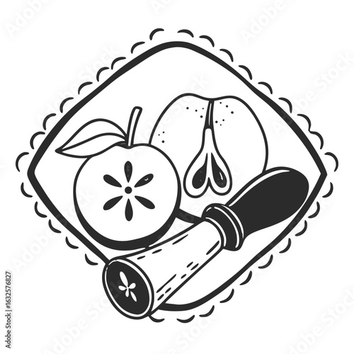 Illustration of sliced apple and pear with knife on decorative cloth, isolated