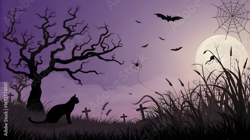 spooky halloween night with bats, bats, and haunted trees under full moon