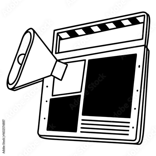 Megaphone and clapperboard for film production isolated on white background