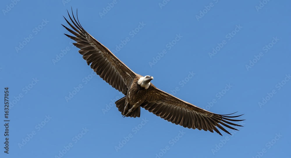 Fototapeta premium Griffon vulture soaring in a clear blue sky isolated on blue background
