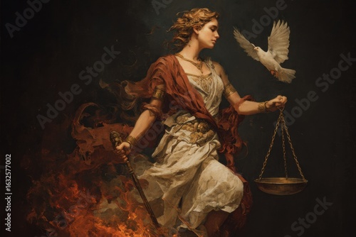 A mythological-style illustration where the Greek goddess Themis holds a broken scale--one side is sinking into hellfire with war and greed, while the other side ascends to heaven with a lone dove. 