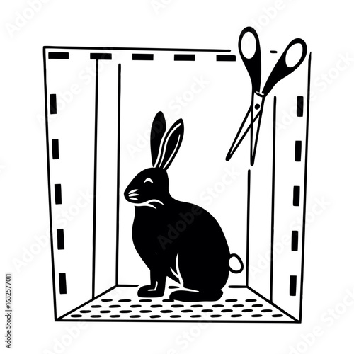 Rabbit in a box with scissors isolated on white background, illustration