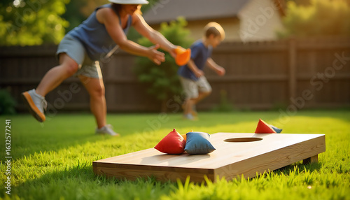 Cornhole game set, process of throwing bean bags, female girl tossing bean sacks, corn hole in the backyard, wooden boards for corn-hole tournament in a summer day on a wood,created with generative ai