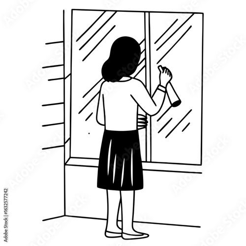 Woman is cleaning a window with a spray bottle isolated on white background