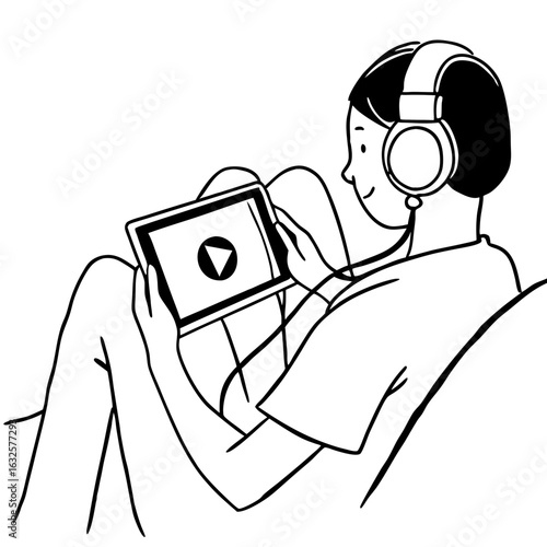 Woman watching video on tablet isolated on white background, a relaxing activity