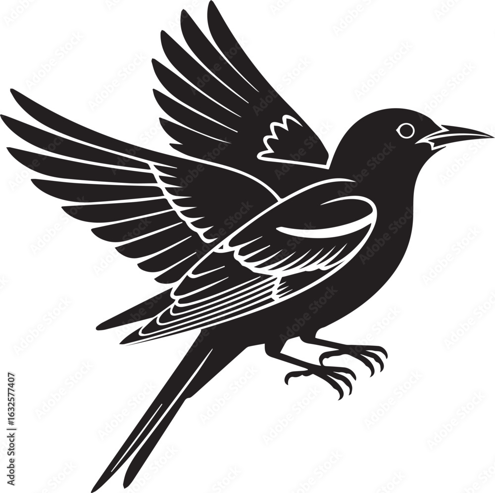 Fototapeta premium Black raven or crow sitting on a branch, a simple vector illustration of a wild bird silhouette
