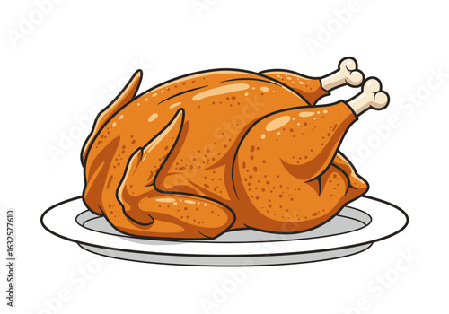 A roasted turkey sits on a white plate