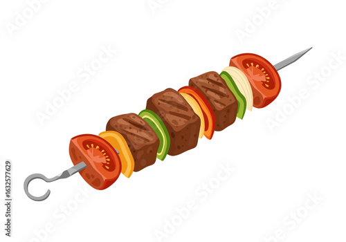 A shish kebab skewered with meat chunks tomatoes onions and bell peppers
