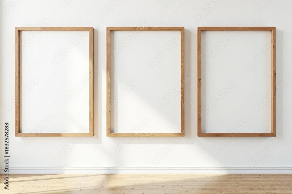 Fototapeta premium Three empty rustic wooden frames on white wall, empty space, gallery
