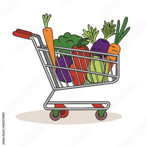 Shopping cart filled with colorful fresh vegetables produce carrots