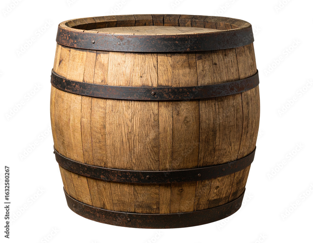 Fototapeta premium Classic Wooden Oak Barrel with Metal Bands, Isolated on Transparent Background