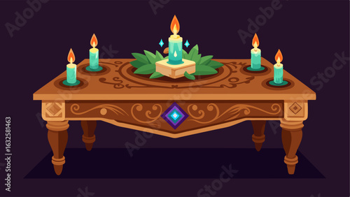 A handmade wooden coffee table adorned with intricately carved designs and adorned with candles and crystals.