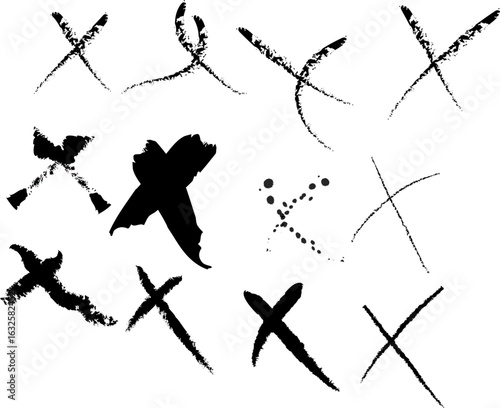 Collection of Hand Drawn Black X Marks and Crosses on White Background symbol sign