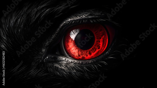 intense red eye close-up with dark background for halloween spooky horror theme