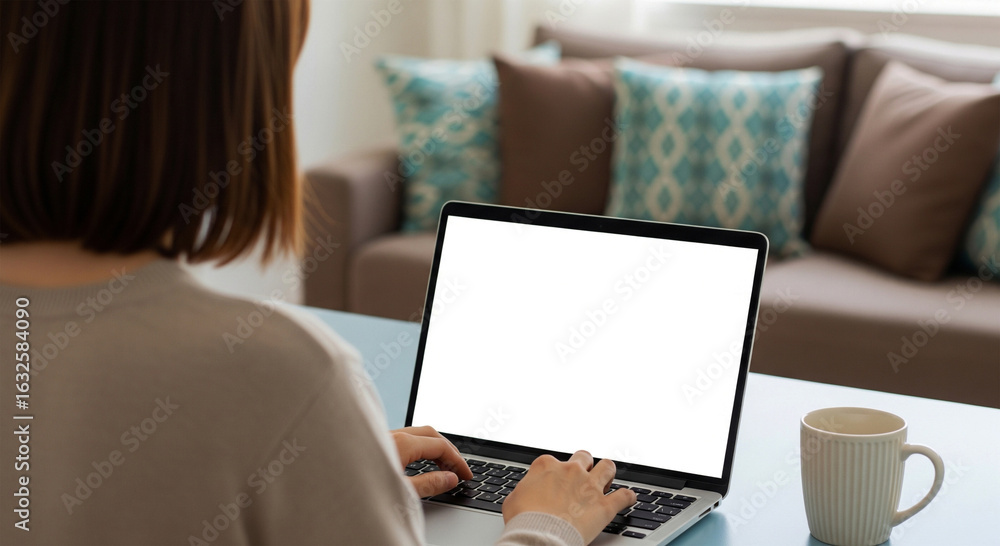 Over Shoulder View of Freelancer Woman Working on a Blank Laptop Over Shoulder View of Freelancer Woman Working on a Blank Laptop