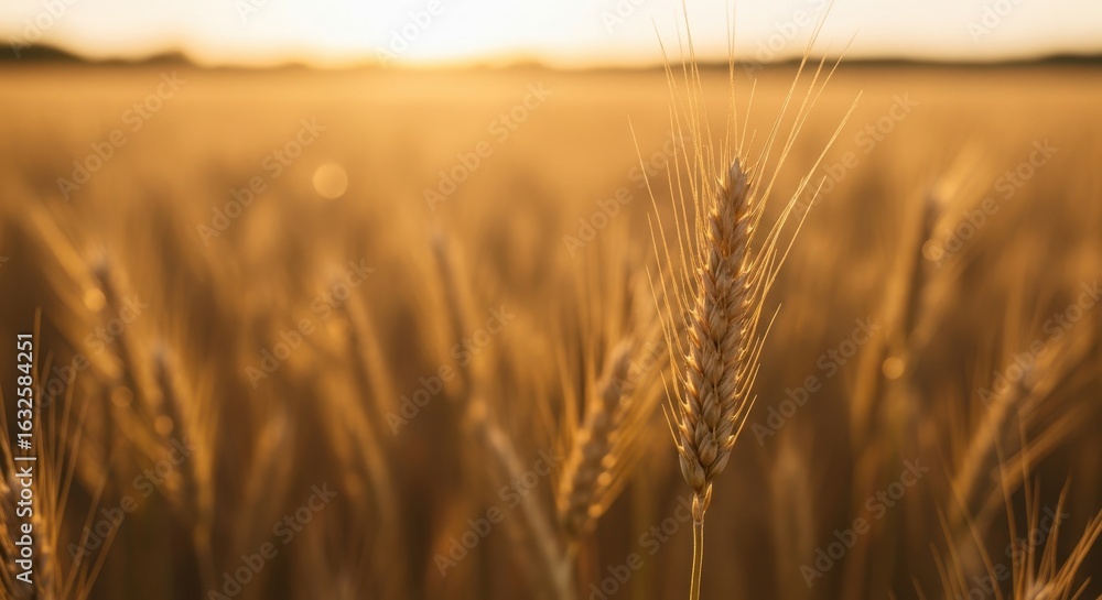 Fototapeta premium Golden Wheat Field Under Warm Sunset Sky