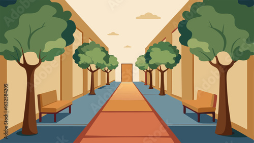 A hallway lined with large potted trees wooden benches and a neutral woven rug.