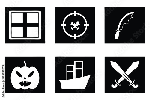 Black and white icons featuring a window crosshairs skull sword pumpkin ship and crossed swords set of