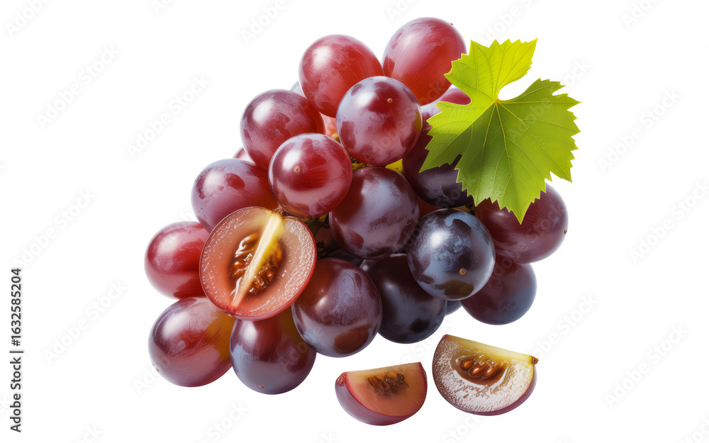 Obraz premium Red Grapes with Leaf and Slices on White Background