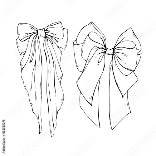 Set of large wide bows coquette with long tails textile from satin and silk ribbons. Illustration hand-drawn in black ink line art graphics. For women, girls, holidays, decoration, accessories, gifts.