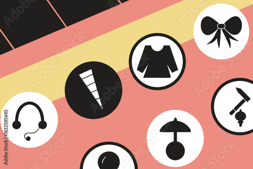 Black and white icons on a coral and yellow background set of silhouettes
