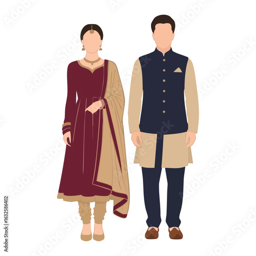 Anarkali Pathani Suit Couple Vector - Minimal North Indian Traditional Attire Design