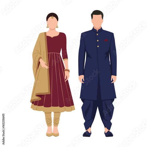 Anarkali Pathani Suit Couple Vector - Minimal North Indian Traditional Attire Design