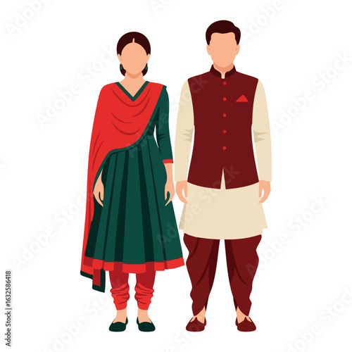 Anarkali Pathani Suit Couple Vector - Minimal North Indian Traditional Attire Design
