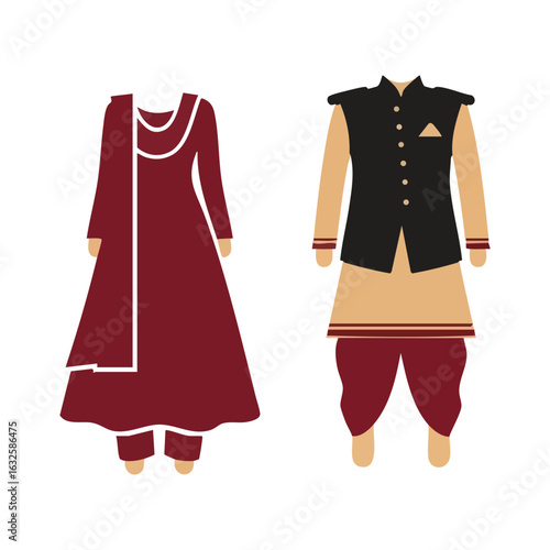 Anarkali Pathani Suit Couple Vector - Minimal North Indian Traditional Attire Design