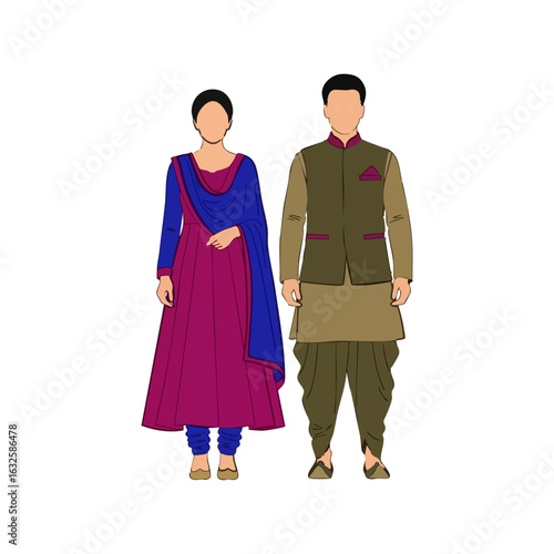 Anarkali Pathani Suit Couple Vector - Minimal North Indian Traditional Attire Design