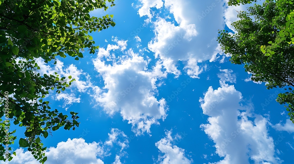 Fototapeta premium Vibrant Blue Sky Filled with Fluffy White Clouds Viewed Through Green Tree Leaves