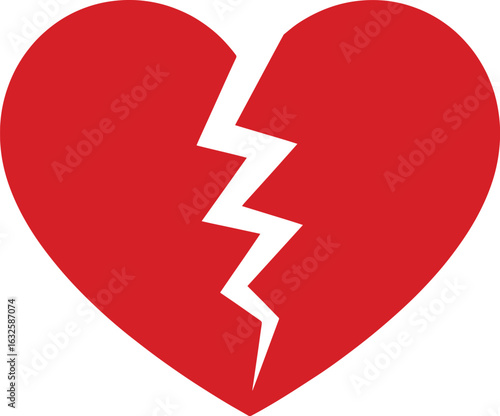 Simple red broken heart icon.  vector graphic symbol of heartbreak, sadness, relationship problems, divorce, or losing a loved one
