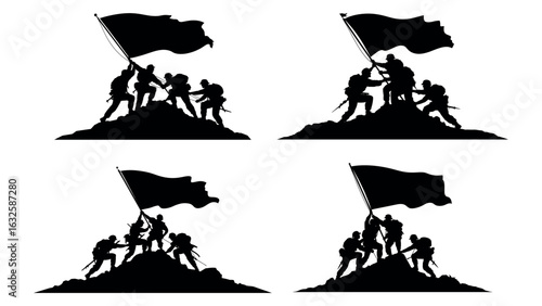 Silhouettes of soldiers raising flag on hill symbolizing victory, unity and patriotism
