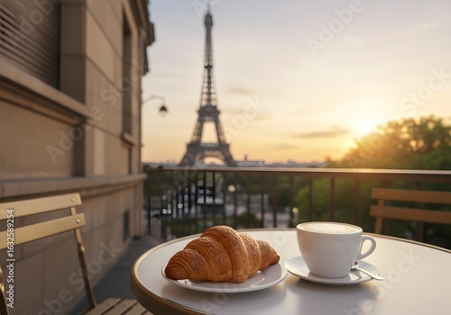 Buttery Croissant and Latte at Sunrise in Paris