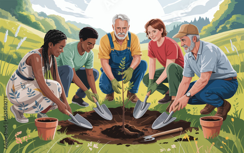 Vector art of group of diverse people planting a tree in a garden illustration